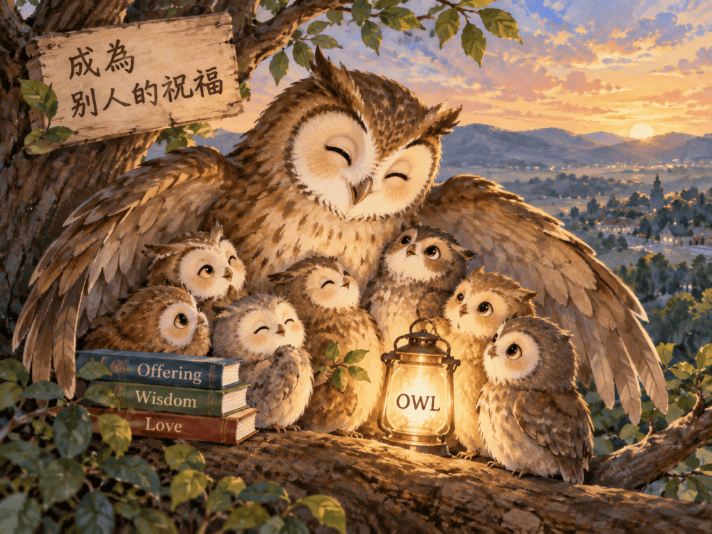 雅歌品格教育「成為別人的祝福」插圖：貓頭鷹媽媽陪伴小貓頭鷹，象徵 Offering、Wisdom、Love