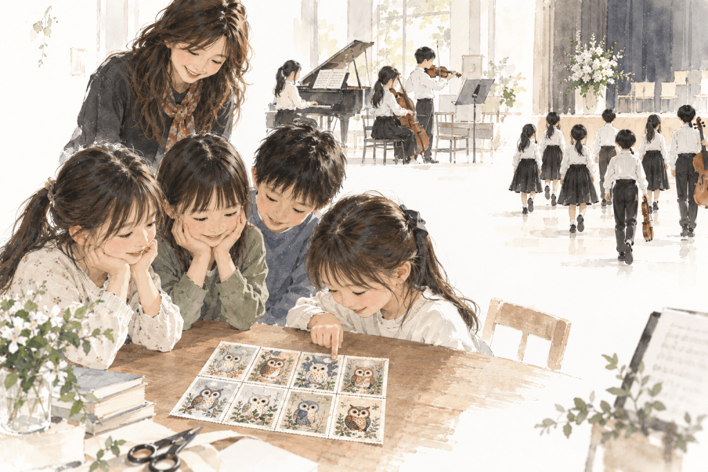 雅歌感恩音樂會孩子欣賞八張貓頭鷹門票並準備音樂演出的水彩插畫