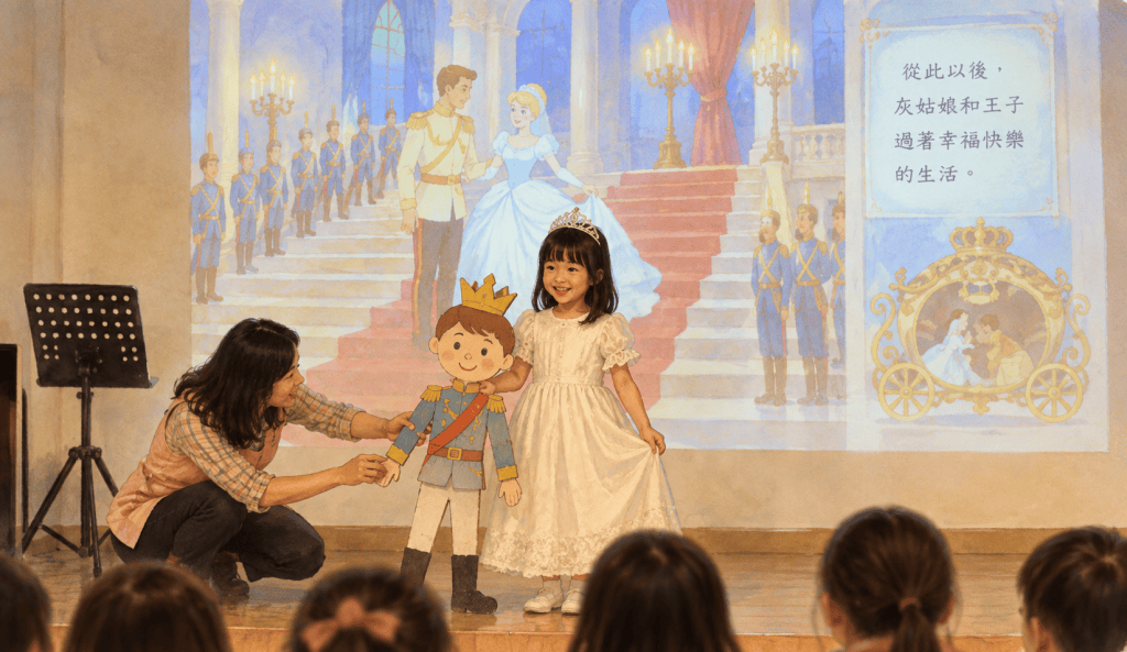 幼兒閱讀課以灰姑娘進行朗讀接力,女孩與手作紙王子演出,教師在旁協助,牆面投影宮廷故事佈景