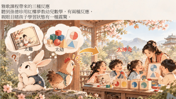 一位老師與兩名小朋友在教學，桌上擺滿顏色鮮豔的幾何形狀圖卡，還有可愛的動物角色觀察他們。