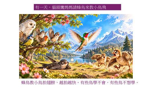 一幅描繪小鳥們聚集在郊外美麗風景中的插圖，展示各種鳥類與自然環境的和諧。