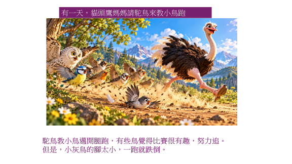 一群小鳥在曠野中飛奔，其中一隻鴕鳥領頭，背景是山脈和藍天，畫面充滿活力與動感。