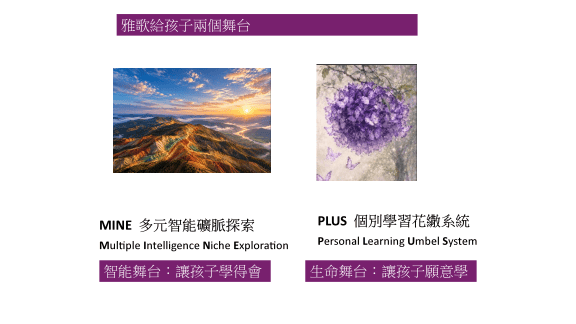 圖左為多元智能鑽研的風景圖片，圖右為象徵個別學習的紫色花束插圖